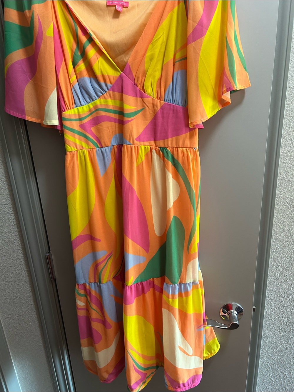 Flying Tomato Orange Pink Yellow Green Abstract Flutter-Sleeve Dress
